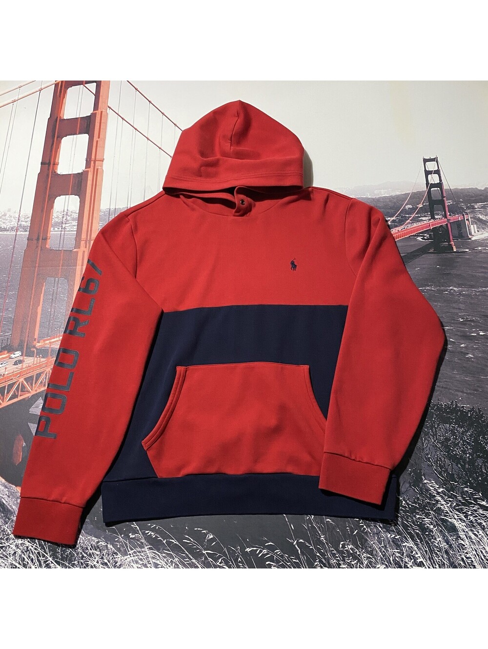Polo Ralph Lauren Graphic Hoodie Mens Size Large Colorblock Red Navy Blue RL67